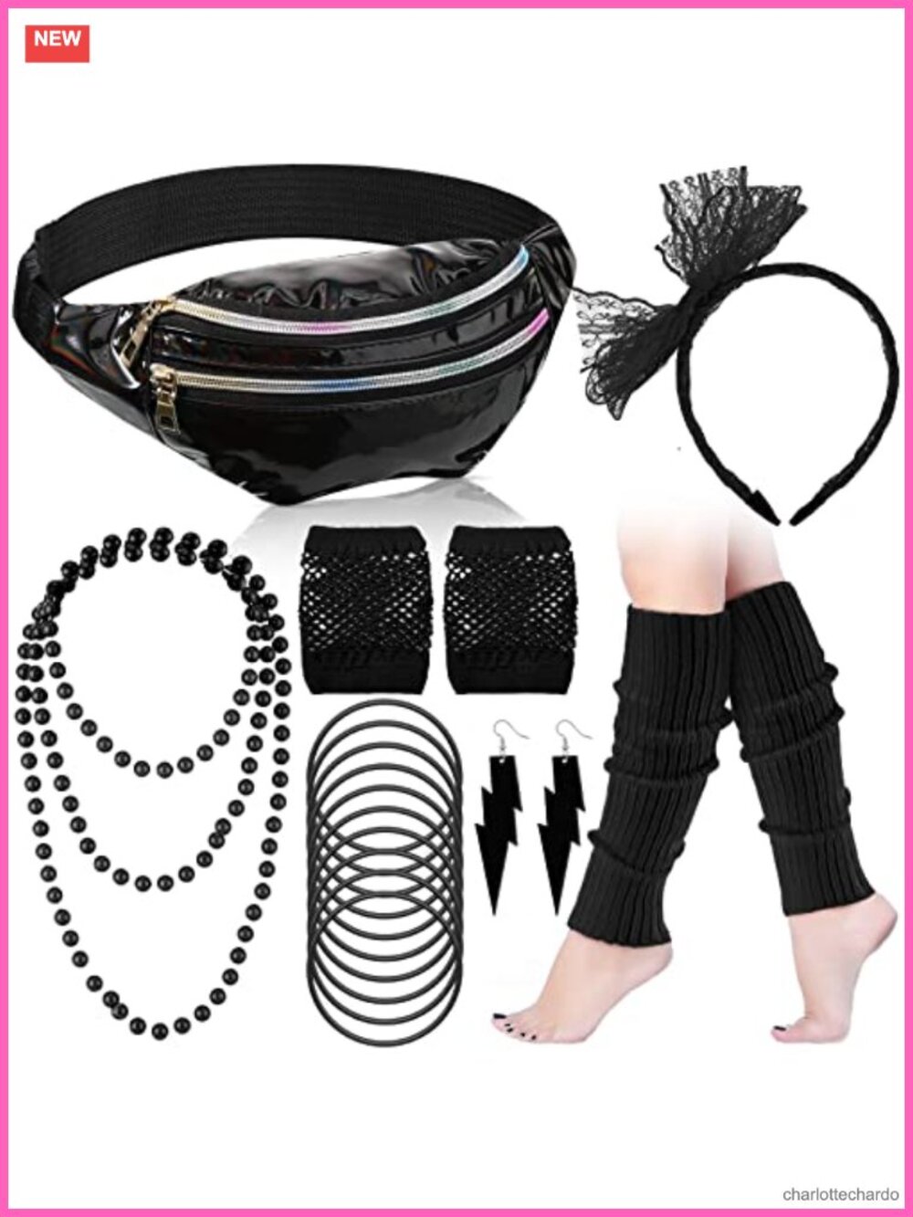 19 Pc 80s Costume Accessory Set Fanny Pack Leg Warmers Fishnet Gloves